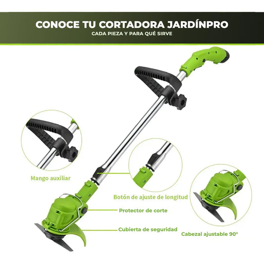 Partes de la cortadora de cesped inalambrica JardinPro: mango auxiliar, boton de ajuste de longitud y cabezal ajustable