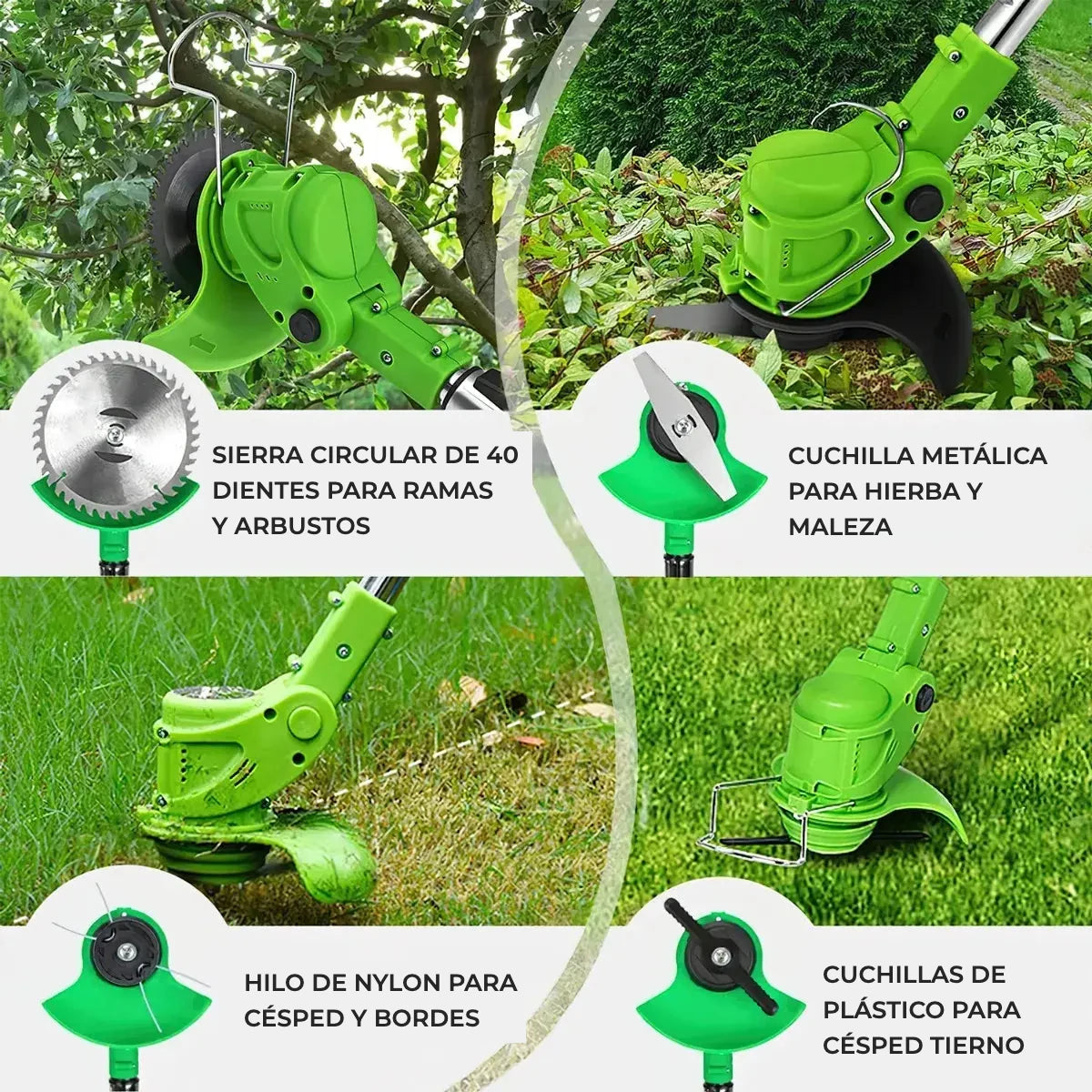 Cuatro cabezales de corte JardinPro: sierra circular de 40 dientes, cuchilla metalica, hilo de nylon y cuchillas de plastico